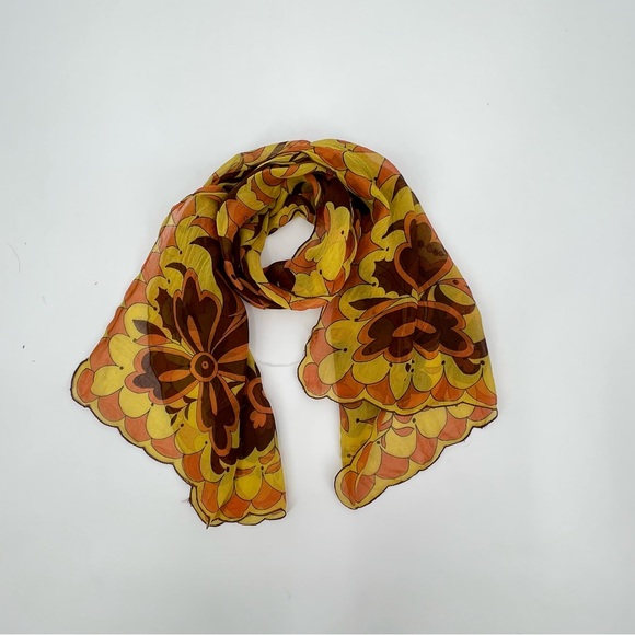 Vintage 1960s Stylized Floral Rectangular Chiffon Head Scarf w/Scalloped Edges - Picture 2 of 7